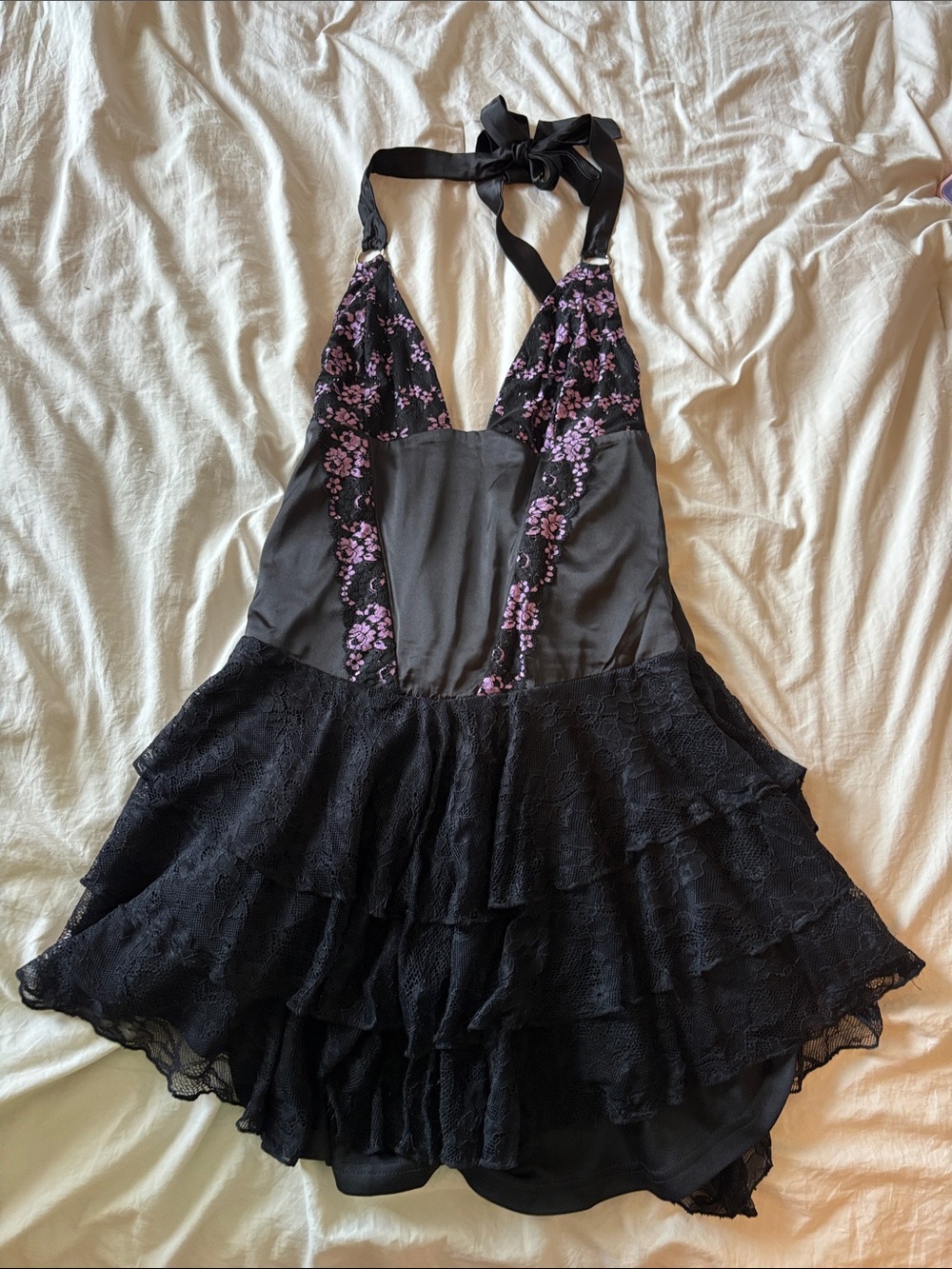 Fashion Nova Black Mini Dress with Purple Floral Embroidery